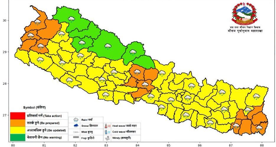 कोशी प्रदेशका केही स्थानमा भारी बर्षाको सम्भावना